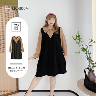 胖mm格子娃娃领假两件短款 2026春季 连衣裙 女装 300斤胖莹莹大码