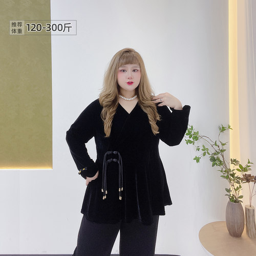 大码V领新中式流苏丝绒收腰上衣