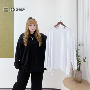 时尚 韩系简约百搭破洞酷飒打底衫 宽松显瘦遮肉T恤 女装 胖莹莹大码