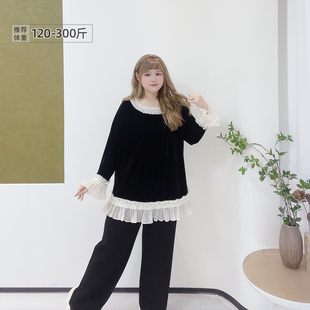 300斤胖莹莹大码女装2026春款轻奢重工钉珠花边气质长款丝绒上衣