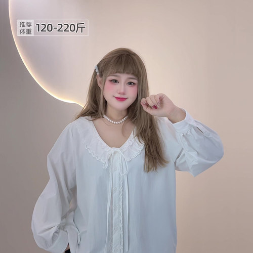 大码法式娃娃领系带宽松衬衫