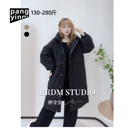 300斤胖莹莹大码女装时尚简约宽松加厚保暖过膝长款连帽羽绒服
