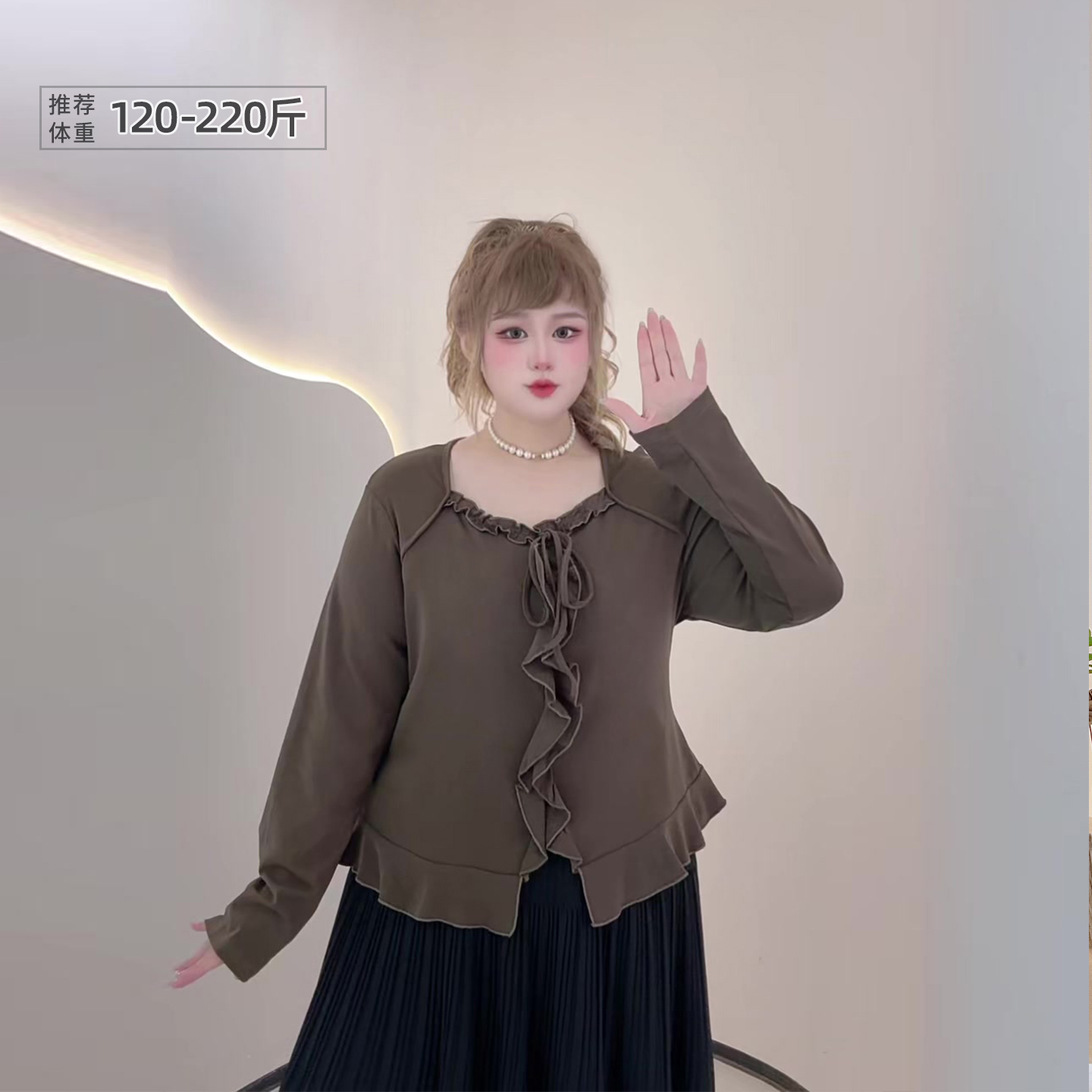 大码法式复古木耳边系带小衫