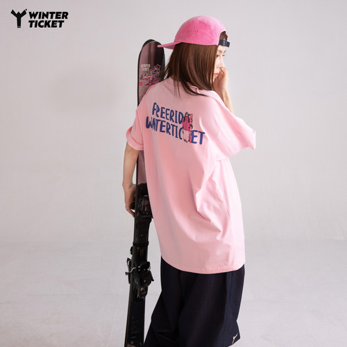 WINTERTICKET 2025自由式单双板宽大嘻哈男女T恤圆领印花粉色短袖
