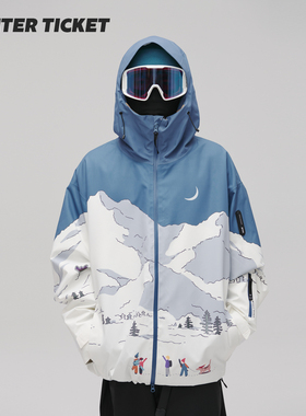 WinterTicket双单板自由式OVERSIZE宽大嘻哈夜间雪山3L夹克滑雪服