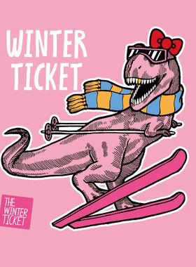 WINTER TICKET 粉色恐龙双板滑雪板贴车贴3M贴纸1张装9*9cm