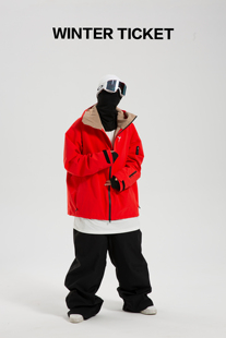 WINTER TICKET自由式公园OVERSIZE野雪防泼水单双板滑雪服夹克红