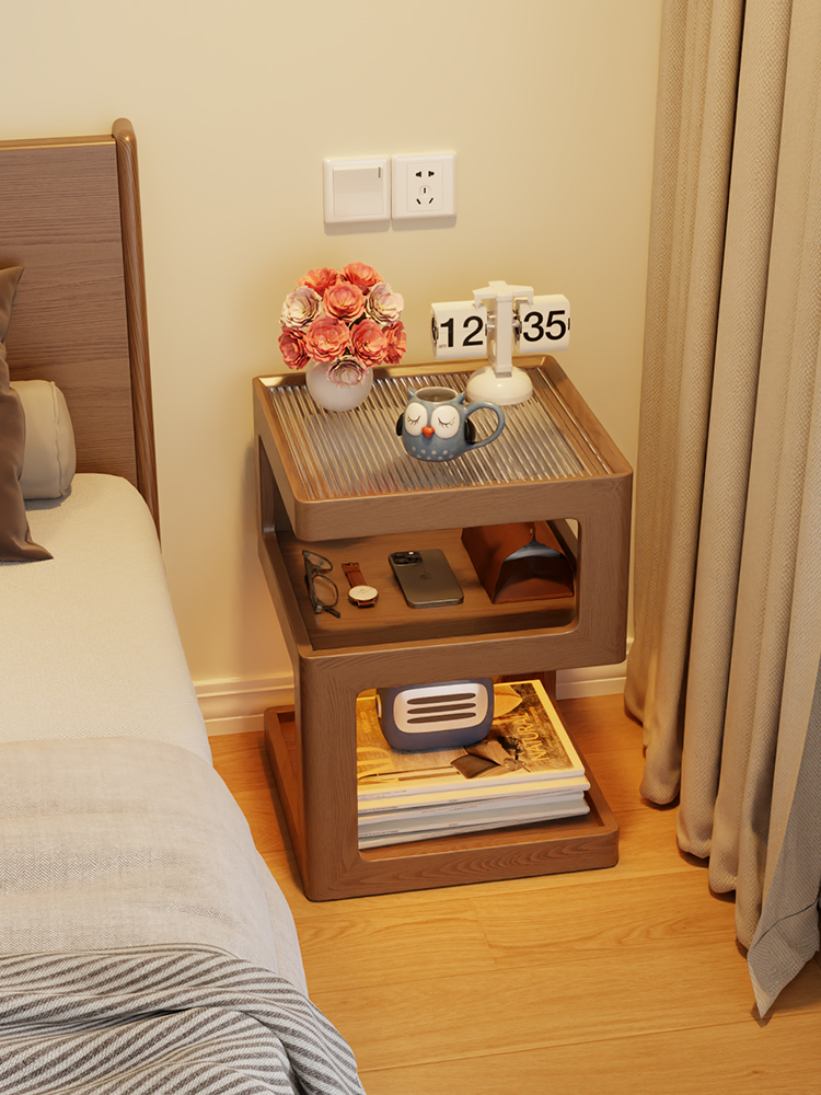 掘素实木床头柜简约现代卧室储物柜极窄创意边几小型床头置物架