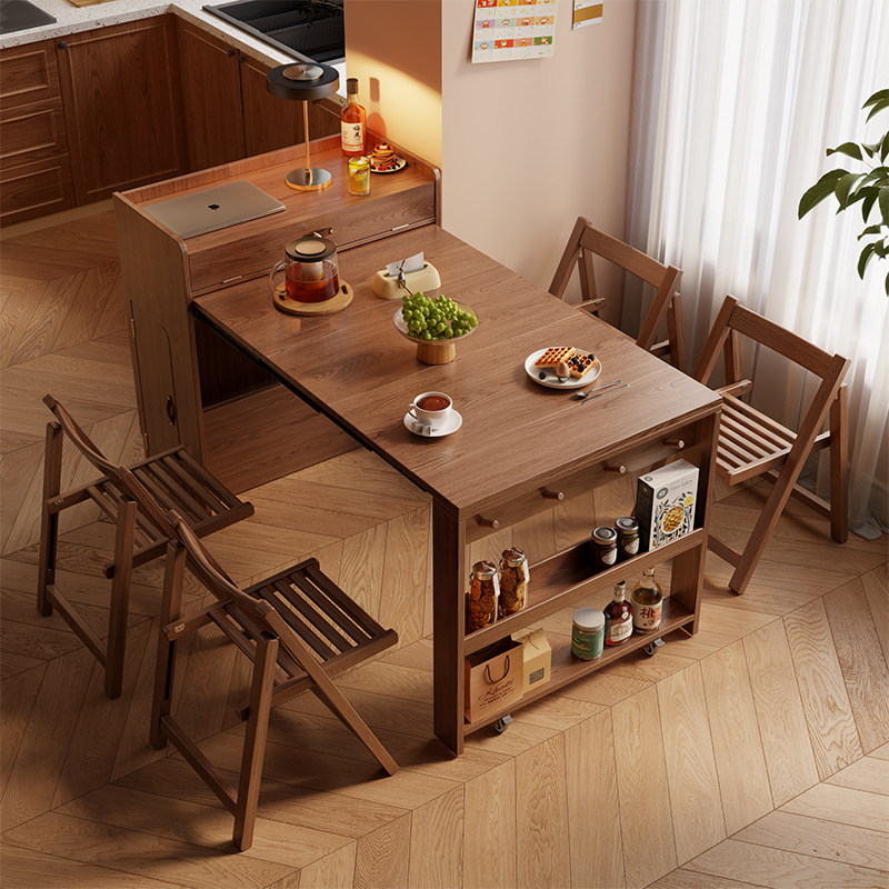 掘素实木岛台餐桌一体家用可伸缩厨房倒台小户型多功能饭桌吧台桌