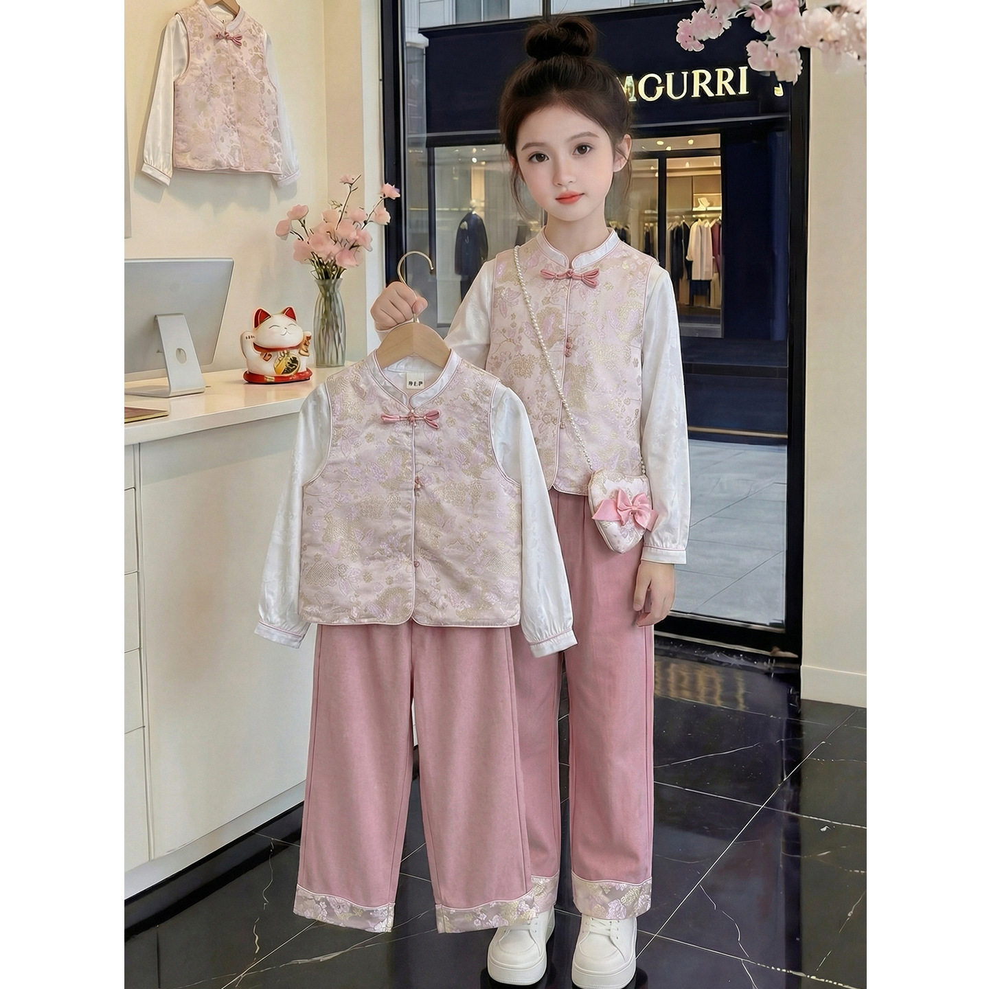 女童洋气国风中式马甲春装套装2026新款中大童汉服表演演出三件套