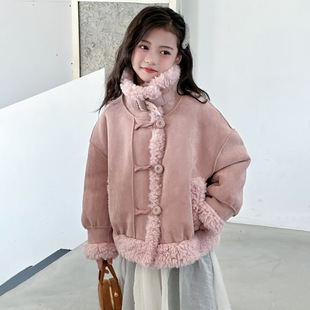 女童皮草2025新款儿童冬季皮毛一体独特立领机车服短款羊羔毛外套
