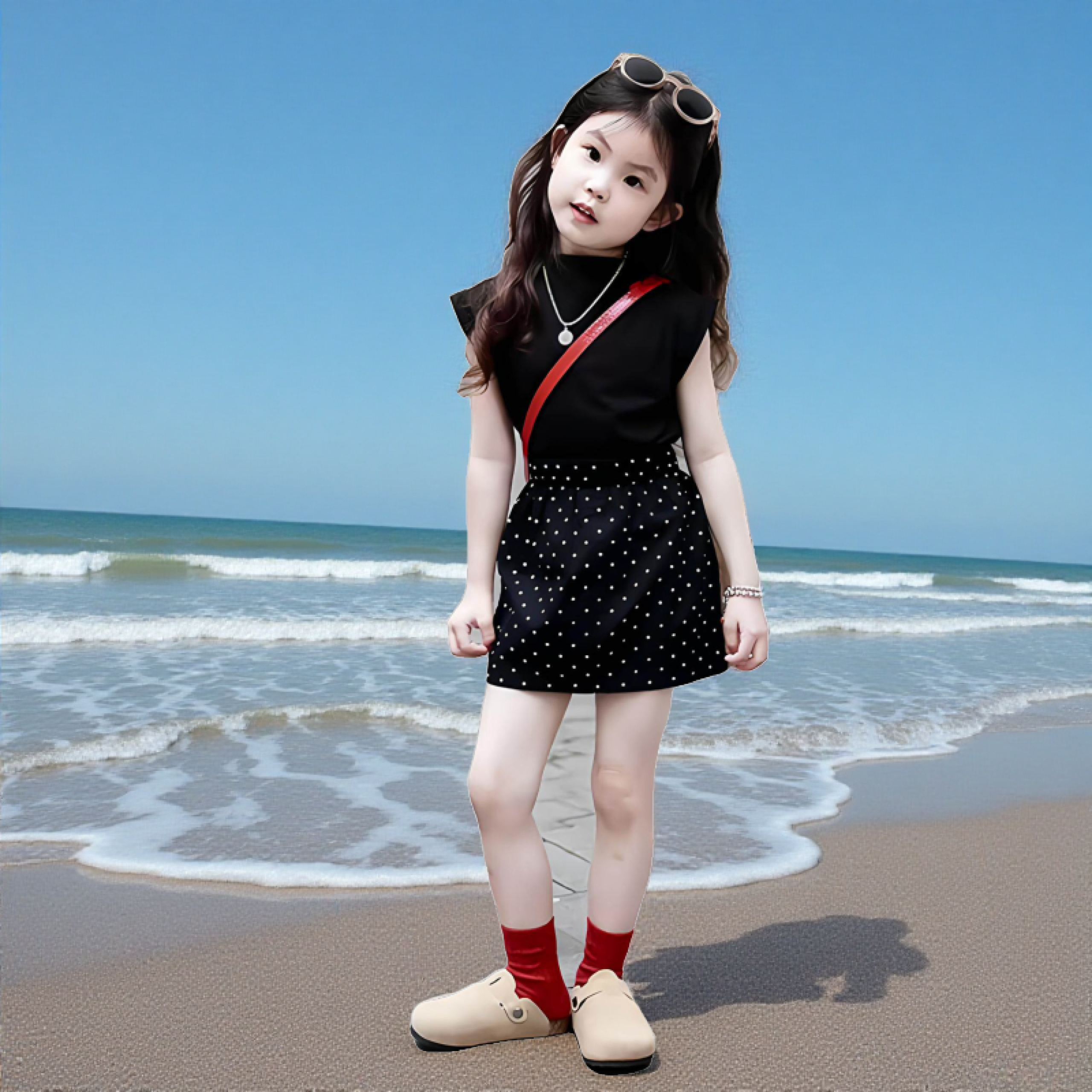 女童韩版一步裙2026夏季套装儿童黑色短袖波点半身裙包臀裙两件套