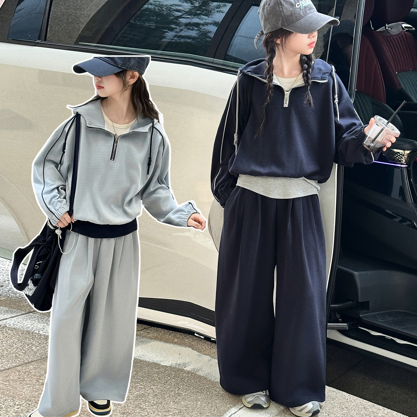 女童套装秋季2025新款儿童洋气休闲6运动7假两件8半拉链9卫衣12岁