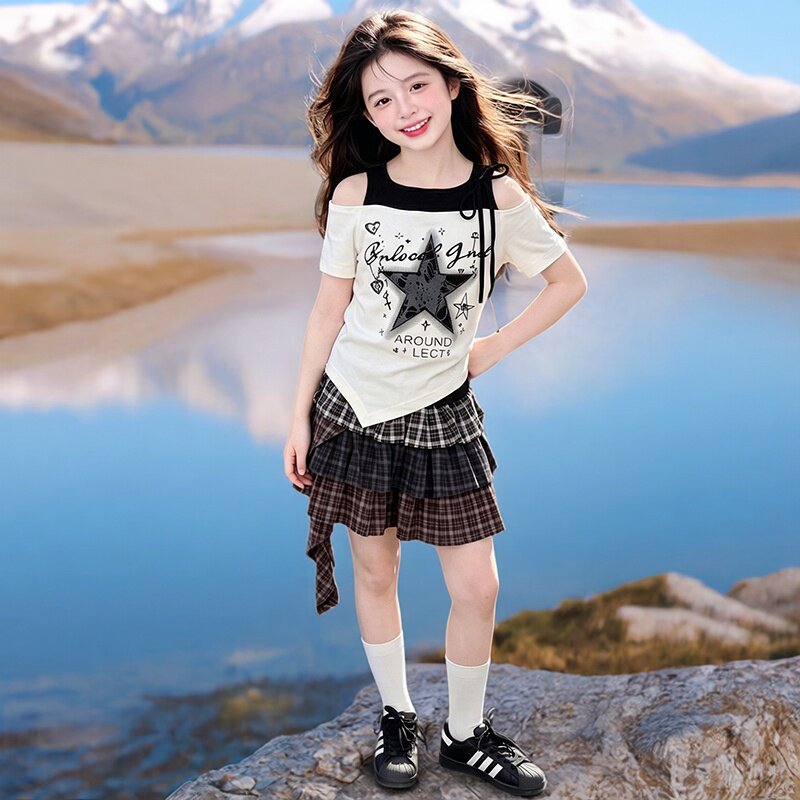 女童套装2026新款儿童时髦韩版网红露肩短袖两件套女孩多巴胺衣服