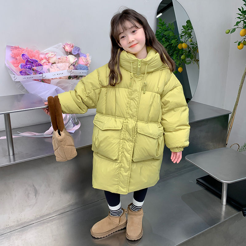 女童黄绿色棉服中长款加厚羽绒