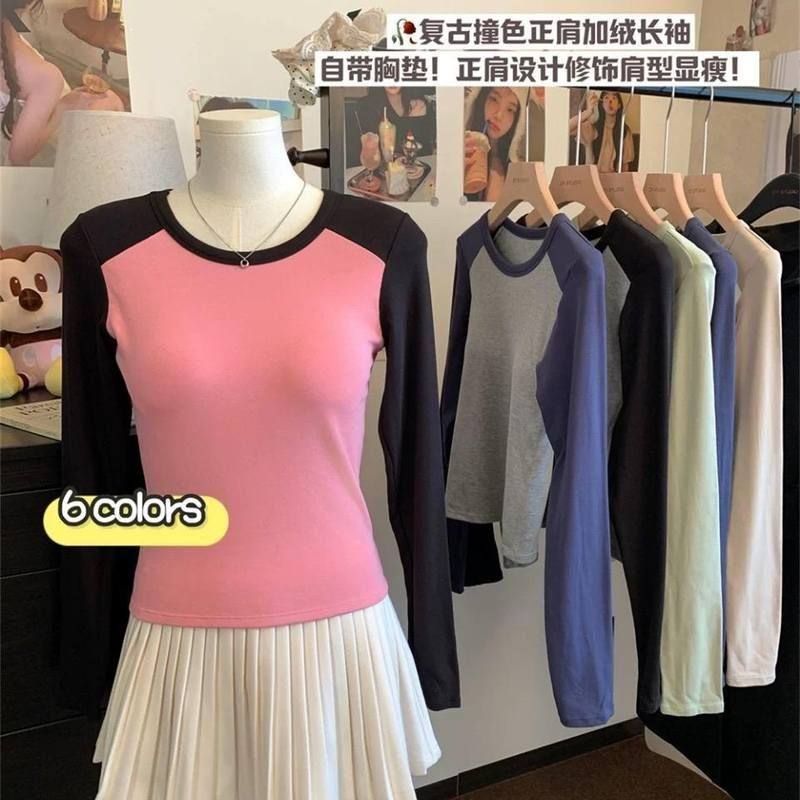 修身纯欲磨绒正肩撞色长袖内T恤秋冬女带搭胸垫打底显瘦复古上衣,女装/女士精品,T恤,淘宝优惠券,粉丝福利购,淘宝优惠卷