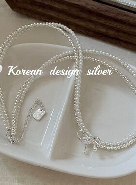 高级蝴蝶结珍珠项链新款锁骨纯银