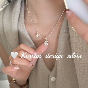 淡水韩版ins珍珠项链风小众设计高级感银饰 S925纯银椭圆凹面圆牌