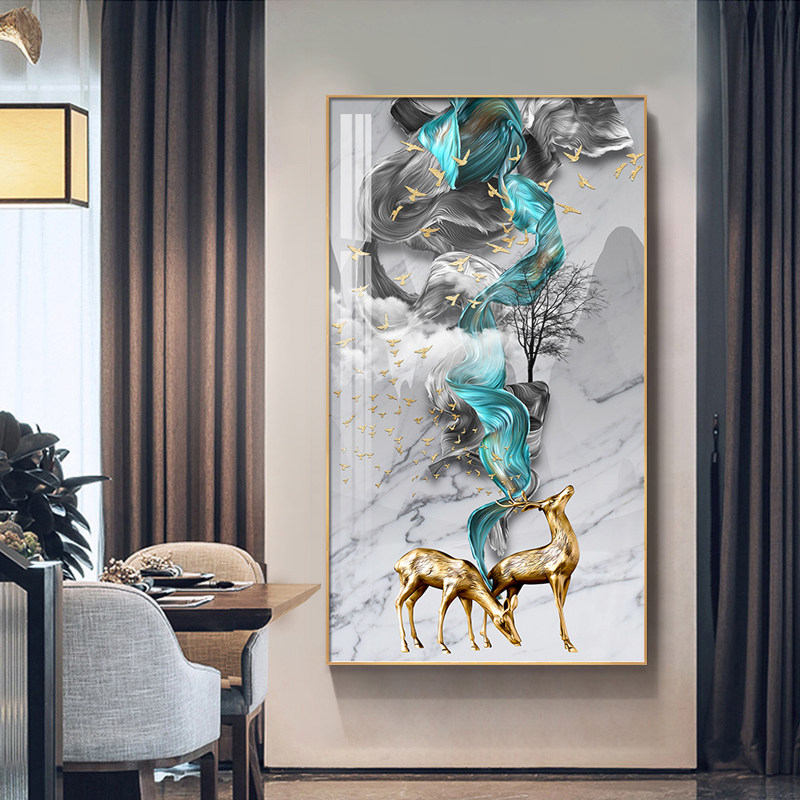玄关装饰画2020新款竖版铝合金画鹿入户走廊挂画现代简欧过道壁画