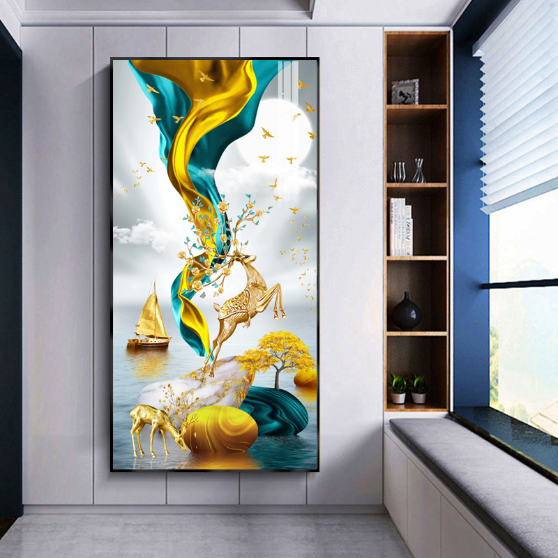 现代玄关装饰画竖款进门入户玄幻镶钻晶瓷画客厅走廊过道挂画轻奢