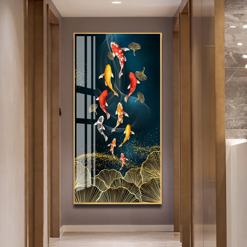 入户玄关装饰画竖版现代简约轻奢走廊过道挂画客厅壁画九鱼聚财图