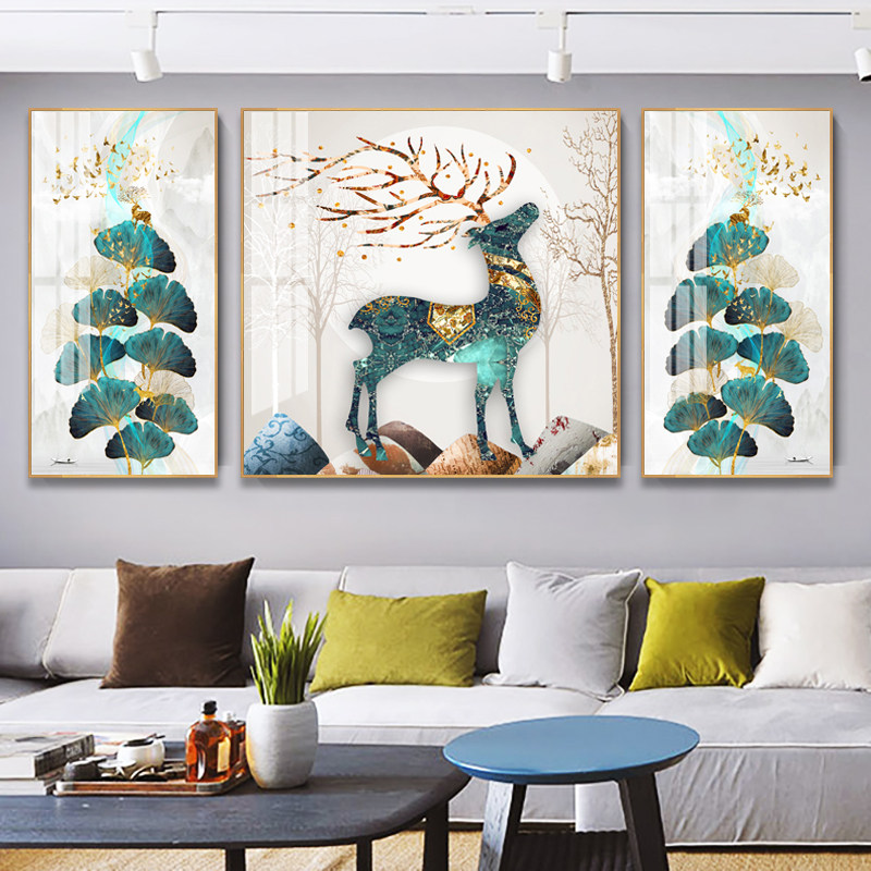 银杏叶客厅沙发背景墙装饰画大气三联画现代简约轻奢壁画福鹿挂画