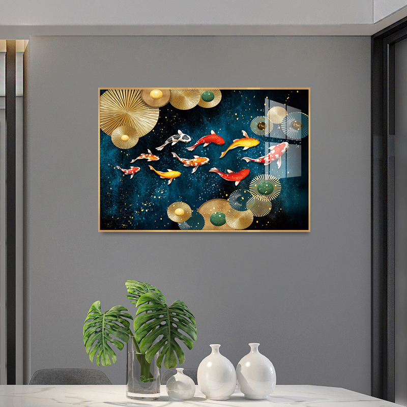 餐厅装饰画现代简约墙面装饰北欧饭厅挂画玄关单幅客厅壁画九鱼图图片