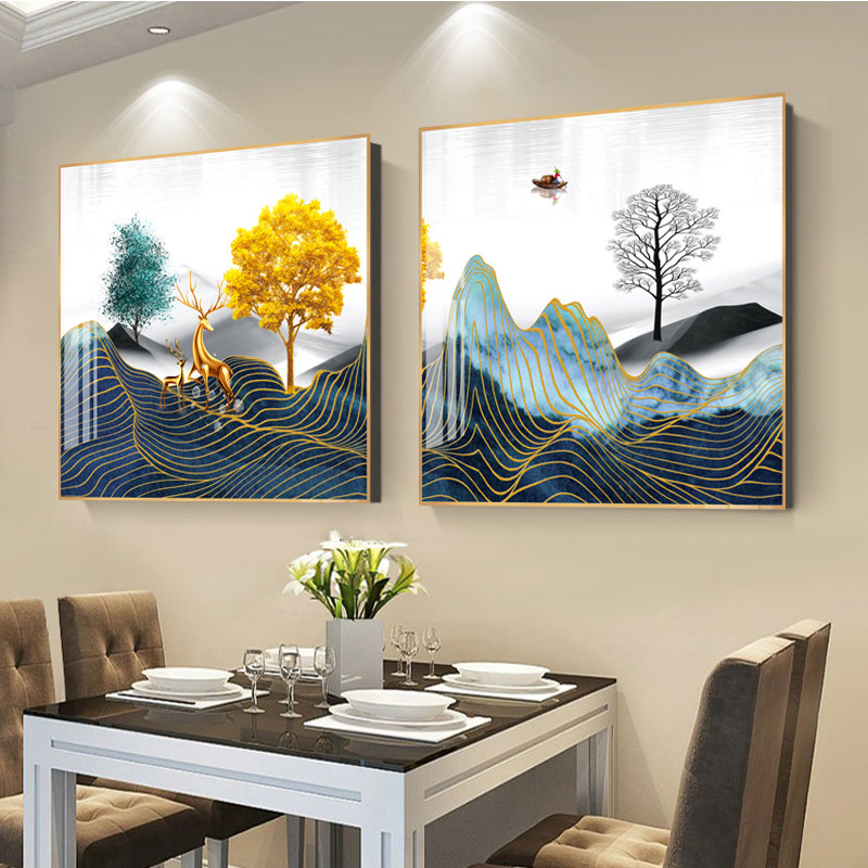 餐厅墙壁装饰画挂画家用新中式饭厅斗方厨房墙面装饰壁画组合两联
