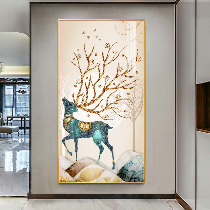 入户玄关装饰画福鹿走廊尽头挂画现代简约竖版客厅过道玄幻壁画