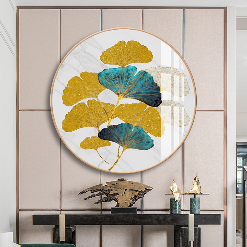 现代北欧轻奢银杏叶壁画客厅挂画玄关餐厅背景墙挂画圆形卧室装饰图片