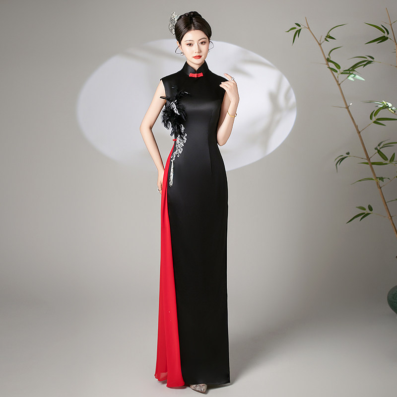 诗贝茉2025新款旗袍新中式国风气质优雅演出服复古修身走秀黑色