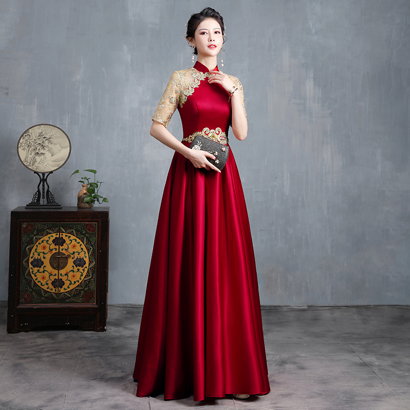 酒红色晚礼服裙女高端大气敬酒服主持人走秀合唱团演出服2025新款