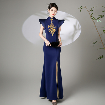 诗贝茉2025高端晚礼服复古中式改良旗袍裙鱼尾开叉长款走秀演出服