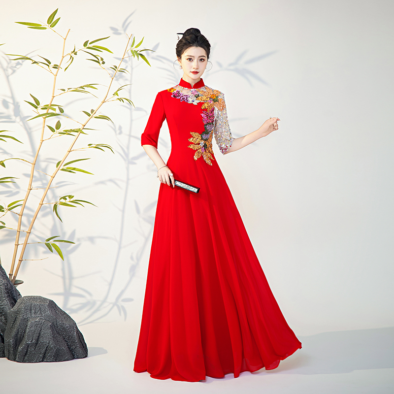 宴会礼服诗贝茉长款雪纺亮片高端