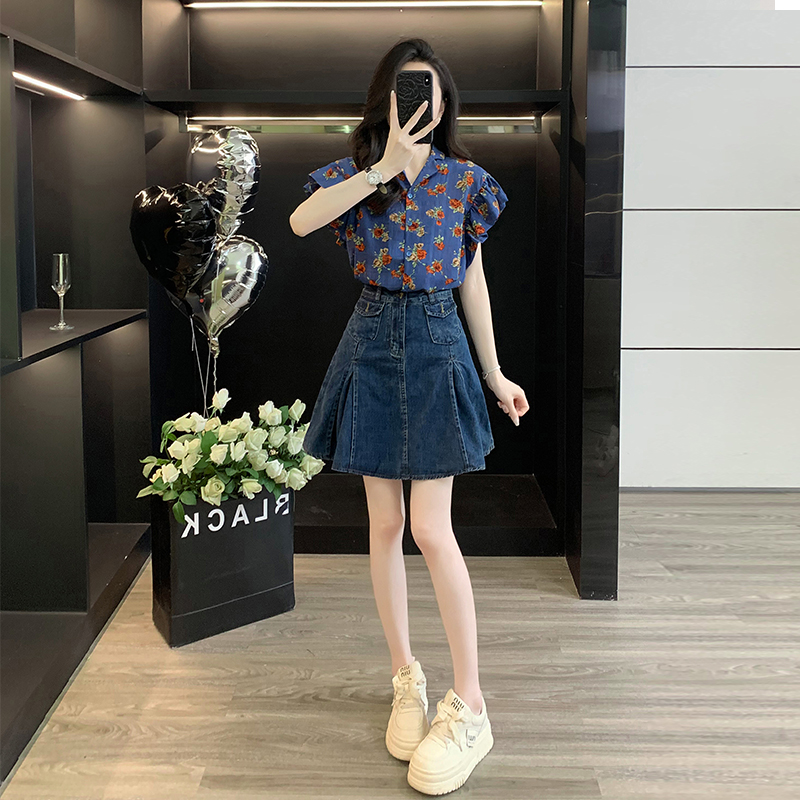 新款牛仔百褶半身短裙两件套