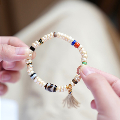 三漫陀藏式直切香槟色珍珠多宝手串虎牙天珠药师珠南红绿松青金复