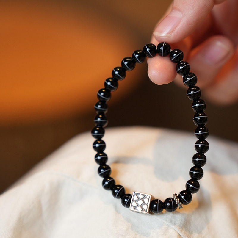 小众设计黑玛瑙手串银方块编织配透亮药师珠清冷感禅风饰品手链