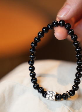 小众设计黑玛瑙手串银方块编织配透亮药师珠清冷感禅风饰品手链