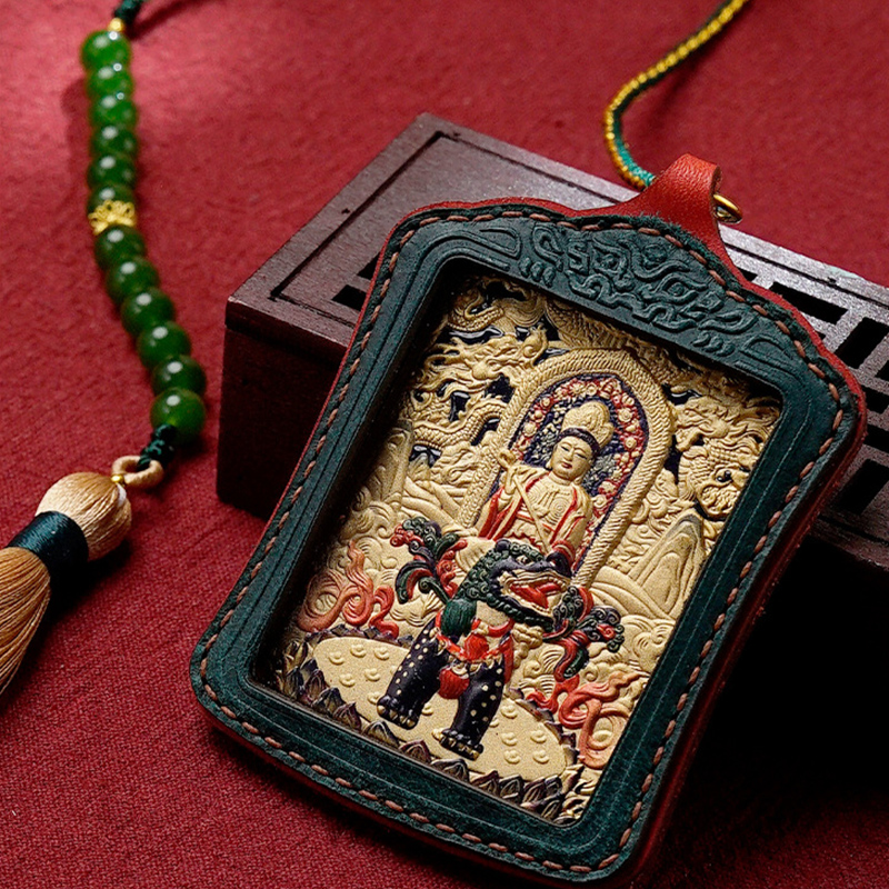 藏式仿皮壳寻竹铜雕唐卡车挂彩绘不动明王吊坠五爷文殊菩萨吊坠