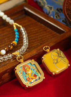 三漫陀手编醒狮山吹茶八股辩项链绳吊坠手绘黄财神手编唐卡挂件