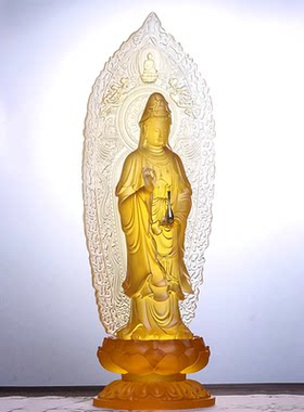 净瓶观音佛像带背板琉璃摆件南海观世音菩萨站像家居家佛堂供奉