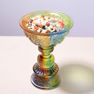 手工琉璃双鱼护法供杯古典纹饰杯室内家居佛堂供具装饰摆件艺术品