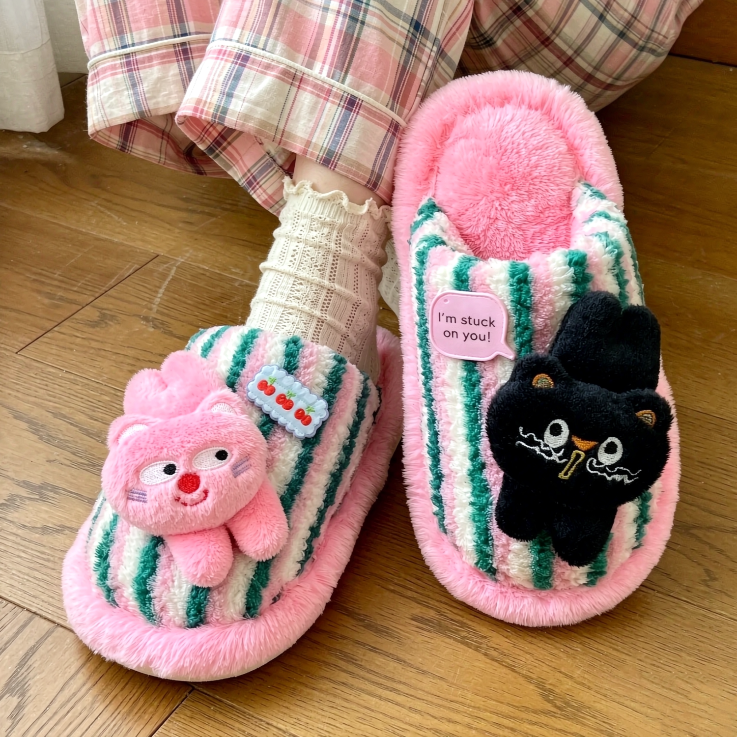 多巴胺可爱卡通小狗毛毛拖鞋女秋冬居家室内防滑保暖静音棉拖女士