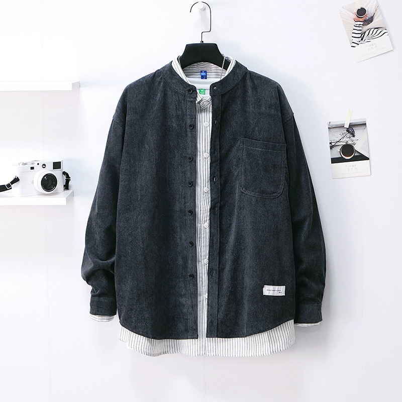 2020新款港风日系灯芯绒衬衫男长袖复古宽松休闲百搭立领衬衣外套