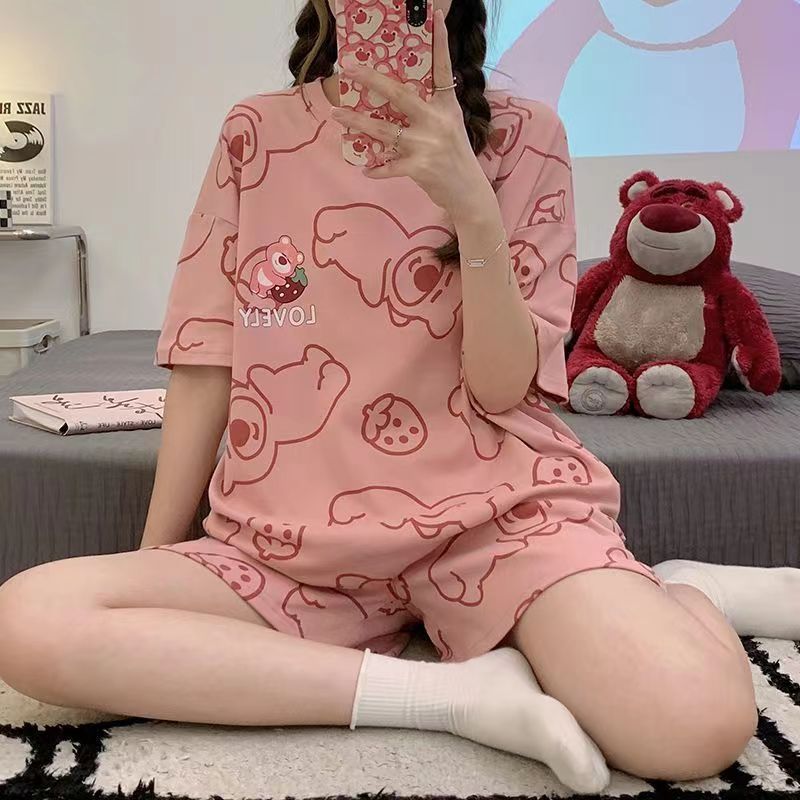2023年新款睡衣女夏季仿棉短袖两件套装夏天女款草莓家居服可外穿