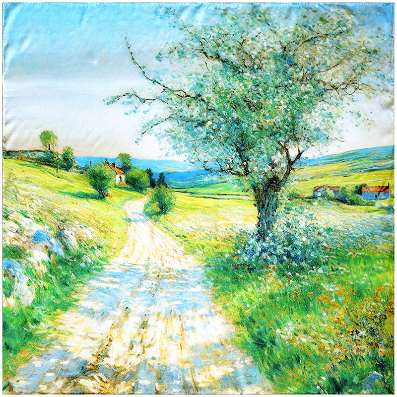 油画乡间小路~110*110cm轻奢真丝缎面桑蚕丝丝巾大方巾桑披肩