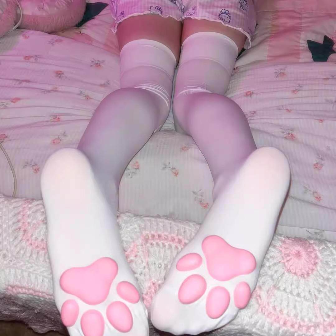 日系可爱3D猫爪肉垫印花袜过膝袜女款大腿长筒袜防滑显腿长美腿袜