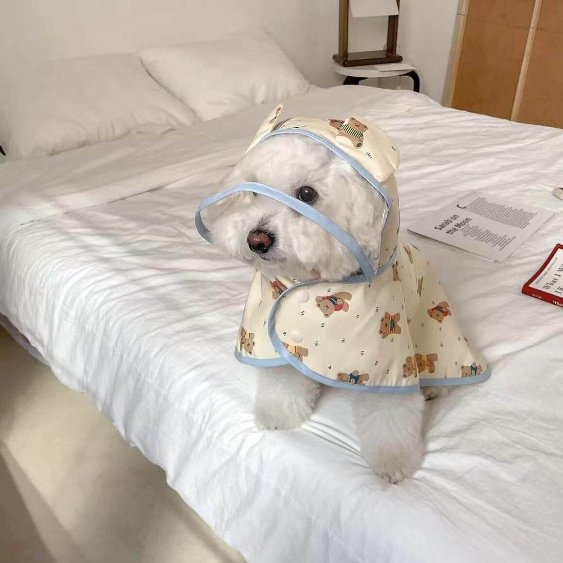 雨天遛狗防水连帽雨卡通小熊狗狗外出衣按扣防水雨披衣服泰迪比熊