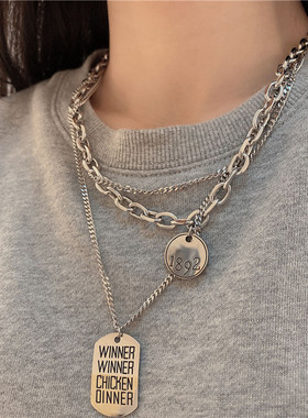 ins小众设计感多层叠戴圆片方牌项链女冷淡风嘻哈潮酷钛钢毛衣链