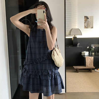 不规则裙边无袖法式短袖连衣裙